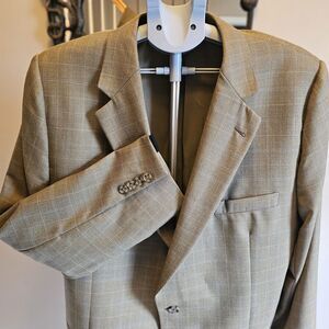 Burberry London Kensington Blazer 48L Tan Windowpane Wool Silk Sport Coat